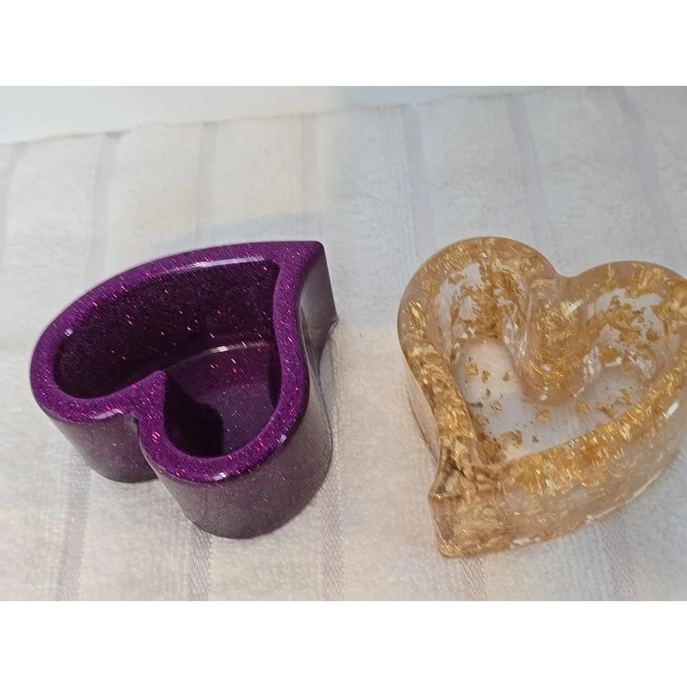 Handmade Resin Purple And Gold Heart‎ Shaped Trinket Boxes. 757